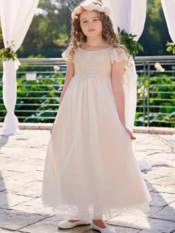 Champagne Flower Girl Dresses Jewel Neck Short Sleeves Lace Formal Kids Pageant Dresses