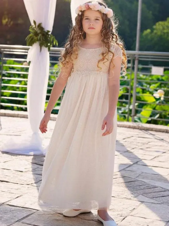 Champagne Flower Girl Dresses Jewel Neck Short Sleeves Lace Formal Kids Pageant Dresses