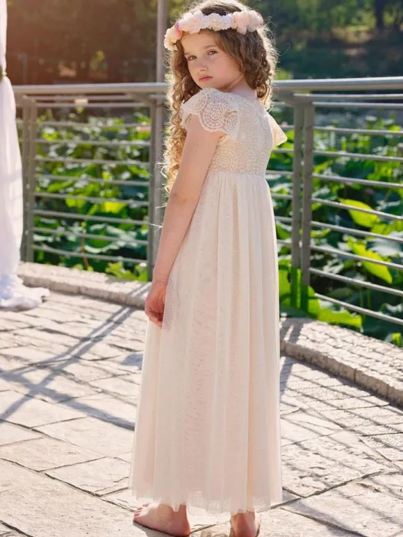 Champagne Flower Girl Dresses Jewel Neck Short Sleeves Lace Formal Kids Pageant Dresses