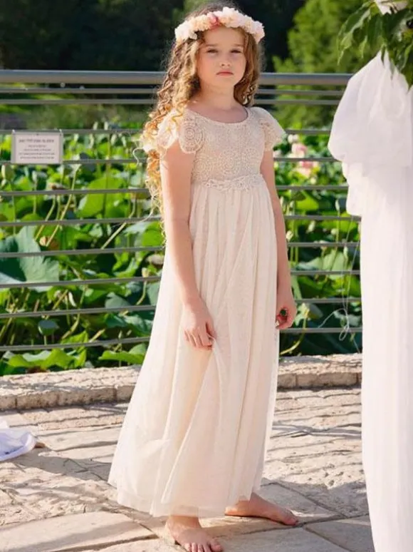 Champagne Flower Girl Dresses Jewel Neck Short Sleeves Lace Formal Kids Pageant Dresses