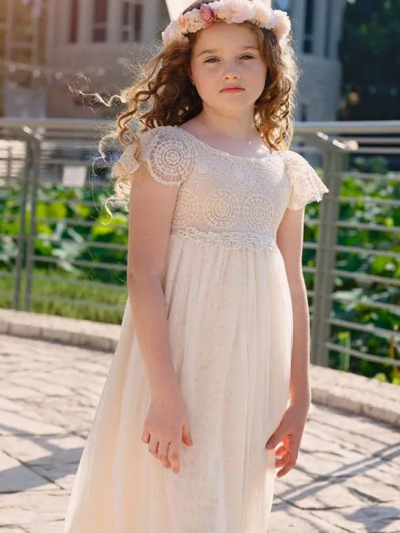 Champagne Flower Girl Dresses Jewel Neck Short Sleeves Lace Formal Kids Pageant Dresses