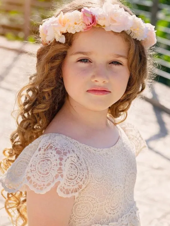Champagne Flower Girl Dresses Jewel Neck Short Sleeves Lace Formal Kids Pageant Dresses