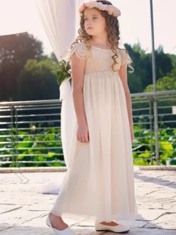 Champagne Flower Girl Dresses Jewel Neck Short Sleeves Lace Formal Kids Pageant Dresses