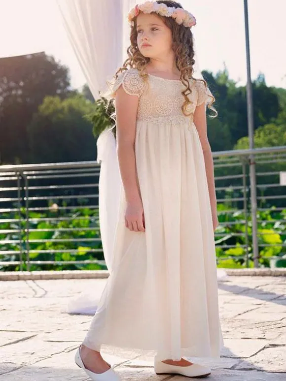 Champagne Flower Girl Dresses Jewel Neck Short Sleeves Lace Formal Kids Pageant Dresses