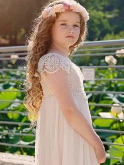 Champagne Flower Girl Dresses Jewel Neck Short Sleeves Lace Formal Kids Pageant Dresses