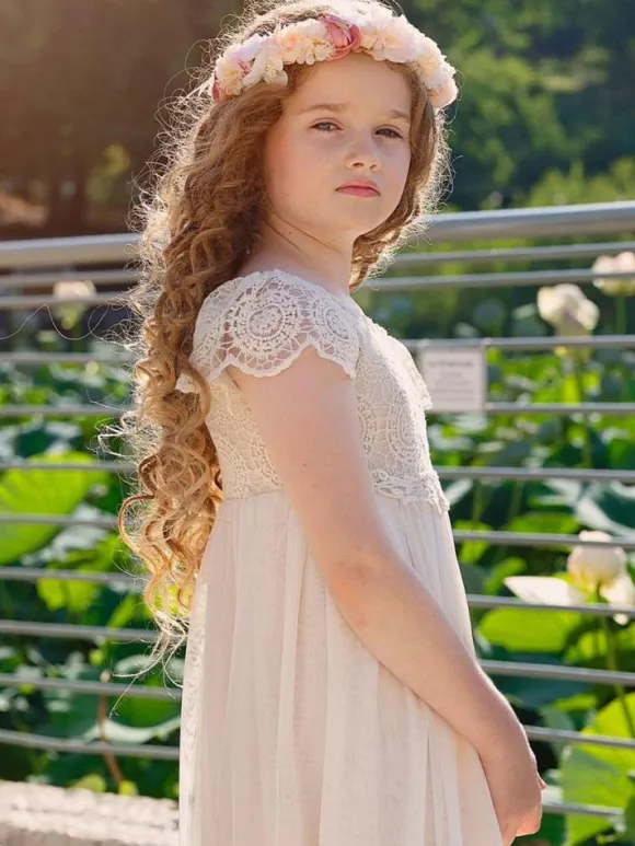 Champagne Flower Girl Dresses Jewel Neck Short Sleeves Lace Formal Kids Pageant Dresses
