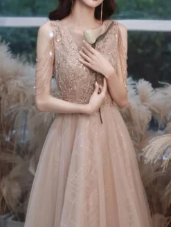 Champagne Prom Dress 2026 A-Line V-Neck Sleeveless Lace Up Chains Floor-Length Party Dresses Wedding Guest Dresses