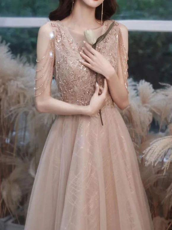 Champagne Prom Dress 2026 A-Line V-Neck Sleeveless Lace Up Chains Floor-Length Party Dresses Wedding Guest Dresses