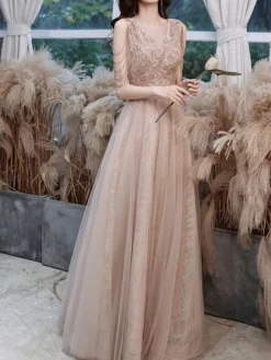 Champagne Prom Dress 2026 A-Line V-Neck Sleeveless Lace Up Chains Floor-Length Party Dresses Wedding Guest Dresses