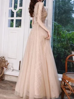 Champagne Prom Dress 2026 A-Line V-Neck Sleeveless Lace Up Chains Floor-Length Party Dresses Wedding Guest Dresses