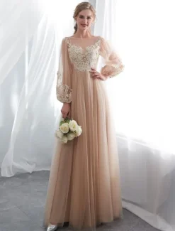 Champagne Prom Dresses Long Sleeve Lace Tulle A Line Floor Length Formal Dress Wedding Guest Dresses Free Customization