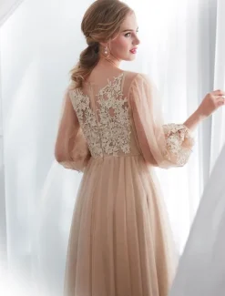 Champagne Prom Dresses Long Sleeve Lace Tulle A Line Floor Length Formal Dress Wedding Guest Dresses Free Customization