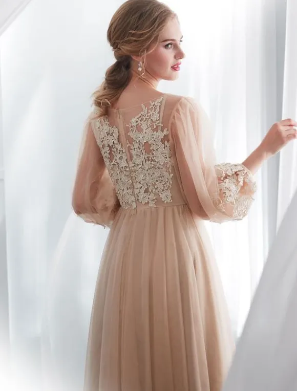 Champagne Prom Dresses Long Sleeve Lace Tulle A Line Floor Length Formal Dress Wedding Guest Dresses Free Customization
