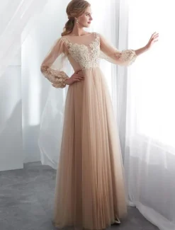 Champagne Prom Dresses Long Sleeve Lace Tulle A Line Floor Length Formal Dress Wedding Guest Dresses Free Customization