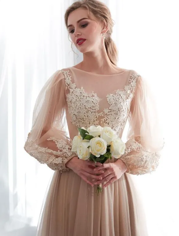 Champagne Prom Dresses Long Sleeve Lace Tulle A Line Floor Length Formal Dress Wedding Guest Dresses Free Customization
