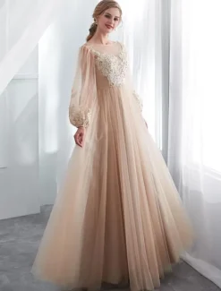 Champagne Prom Dresses Long Sleeve Lace Tulle A Line Floor Length Formal Dress Wedding Guest Dresses Free Customization