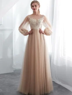 Champagne Prom Dresses Long Sleeve Lace Tulle A Line Floor Length Formal Dress Wedding Guest Dresses Free Customization