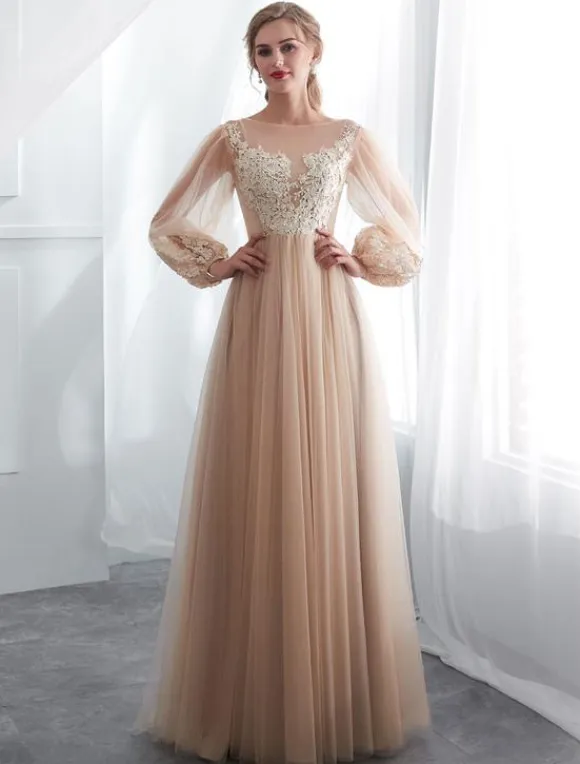 Champagne Prom Dresses Long Sleeve Lace Tulle A Line Floor Length Formal Dress Wedding Guest Dresses Free Customization