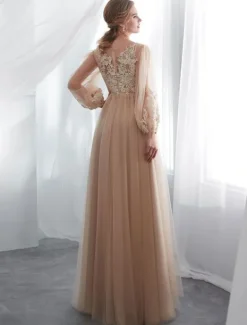 Champagne Prom Dresses Long Sleeve Lace Tulle A Line Floor Length Formal Dress Wedding Guest Dresses Free Customization