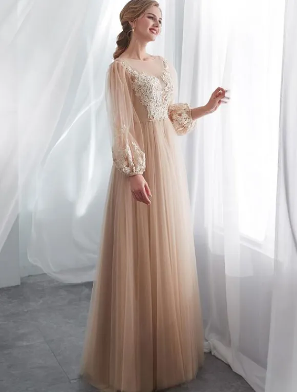 Champagne Prom Dresses Long Sleeve Lace Tulle A Line Floor Length Formal Dress Wedding Guest Dresses Free Customization