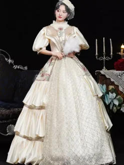 Champagne Retro Costumes Flowers Polyester Floral Print Marie Antoinette Costume Dress Women's Retro Vintage Clothing