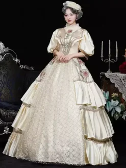 Champagne Retro Costumes Flowers Polyester Floral Print Marie Antoinette Costume Dress Women's Retro Vintage Clothing