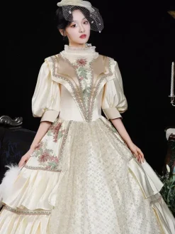 Champagne Retro Costumes Flowers Polyester Floral Print Marie Antoinette Costume Dress Women's Retro Vintage Clothing