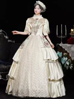 Champagne Retro Costumes Flowers Polyester Floral Print Marie Antoinette Costume Dress Women's Retro Vintage Clothing