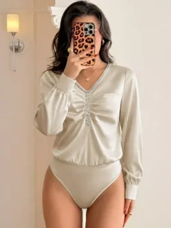 Champagne Satin Long Sleeve Bodysuit V Neck Rhinestone Trim Ruched Front Puff Sleeve Slim Top