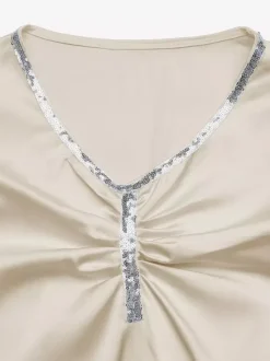 Champagne Satin Long Sleeve Bodysuit V Neck Rhinestone Trim Ruched Front Puff Sleeve Slim Top