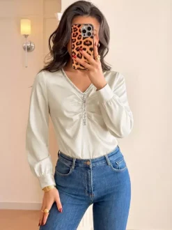 Champagne Satin Long Sleeve Bodysuit V Neck Rhinestone Trim Ruched Front Puff Sleeve Slim Top