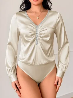 Champagne Satin Long Sleeve Bodysuit V Neck Rhinestone Trim Ruched Front Puff Sleeve Slim Top