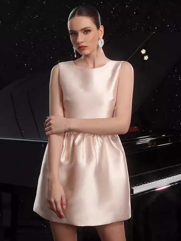 Champagne Sleeveless Satin Mini Party Dress With Bow Back 2026