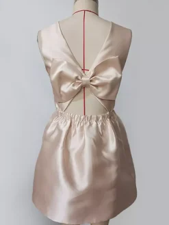 Champagne Sleeveless Satin Mini Party Dress With Bow Back 2026