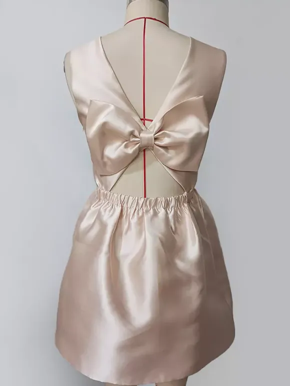 Champagne Sleeveless Satin Mini Party Dress With Bow Back 2026