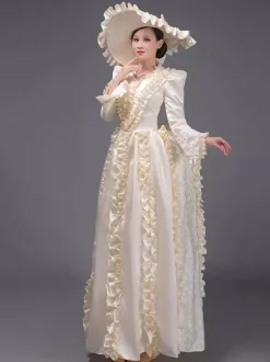 Champagne Bustle Vicorian Dress Padded Shourlders Long Sleeves Polyest Elegant Ball Retro Dress With Hat