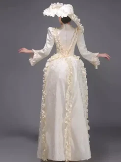 Champagne Bustle Vicorian Dress Padded Shourlders Long Sleeves Polyest Elegant Ball Retro Dress With Hat