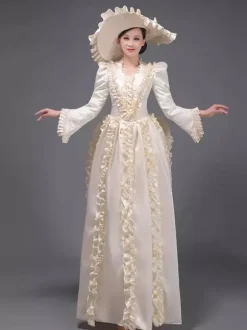 Champagne Bustle Vicorian Dress Padded Shourlders Long Sleeves Polyest Elegant Ball Retro Dress With Hat