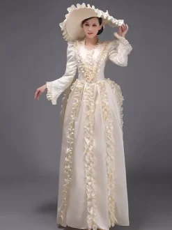 Champagne Bustle Vicorian Dress Padded Shourlders Long Sleeves Polyest Elegant Ball Retro Dress With Hat