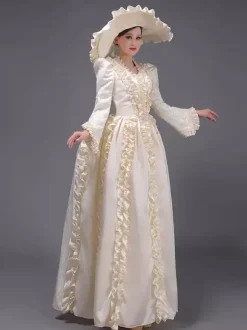 Champagne Bustle Vicorian Dress Padded Shourlders Long Sleeves Polyest Elegant Ball Retro Dress With Hat