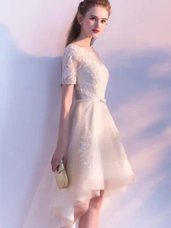 Champagne Cocktail Dress Tulle Prom Dresses Short Sleeve Lace Applique Sash Round Neck A Line High Low Party Dresses Free Customization