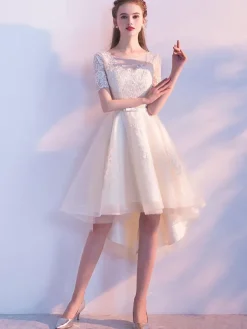 Champagne Cocktail Dress Tulle Prom Dresses Short Sleeve Lace Applique Sash Round Neck A Line High Low Party Dresses Free Customization
