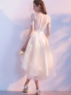 Champagne Cocktail Dress Tulle Prom Dresses Short Sleeve Lace Applique Sash Round Neck A Line High Low Party Dresses Free Customization