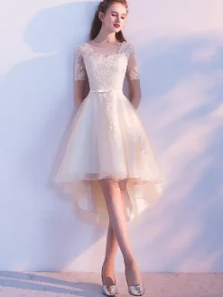 Champagne Cocktail Dress Tulle Prom Dresses Short Sleeve Lace Applique Sash Round Neck A Line High Low Party Dresses Free Customization