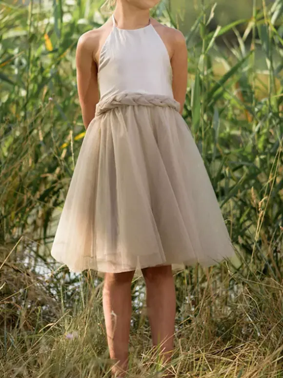 Champagne Flower Girl Dresses Halter Sleeveless Knee Length A Line Bows Kids Party Dresses