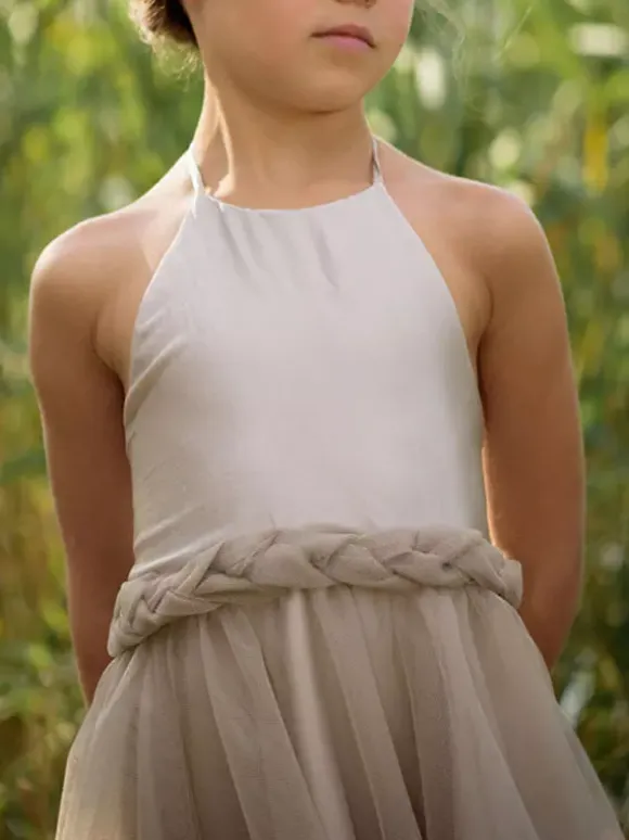 Champagne Flower Girl Dresses Halter Sleeveless Knee Length A Line Bows Kids Party Dresses