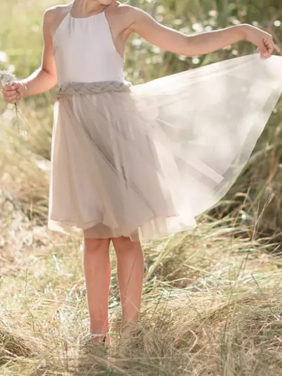 Champagne Flower Girl Dresses Halter Sleeveless Knee Length A Line Bows Kids Party Dresses