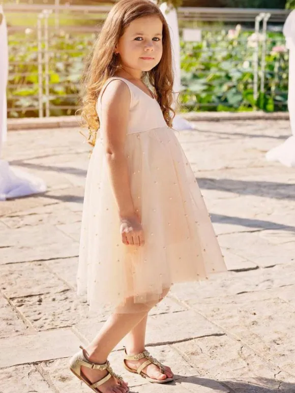 Champagne Flower Girl Dresses Jewel Neck Sleeveless Butterfly Formal Kids Pageant Dresses