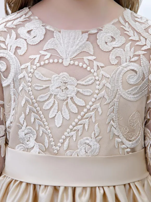 Champagne Flower Girl Dress Lace Jewel Neck Half Sleeves Kids Birthday Party Dresses