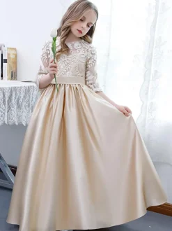 Champagne Flower Girl Dress Lace Jewel Neck Half Sleeves Kids Birthday Party Dresses